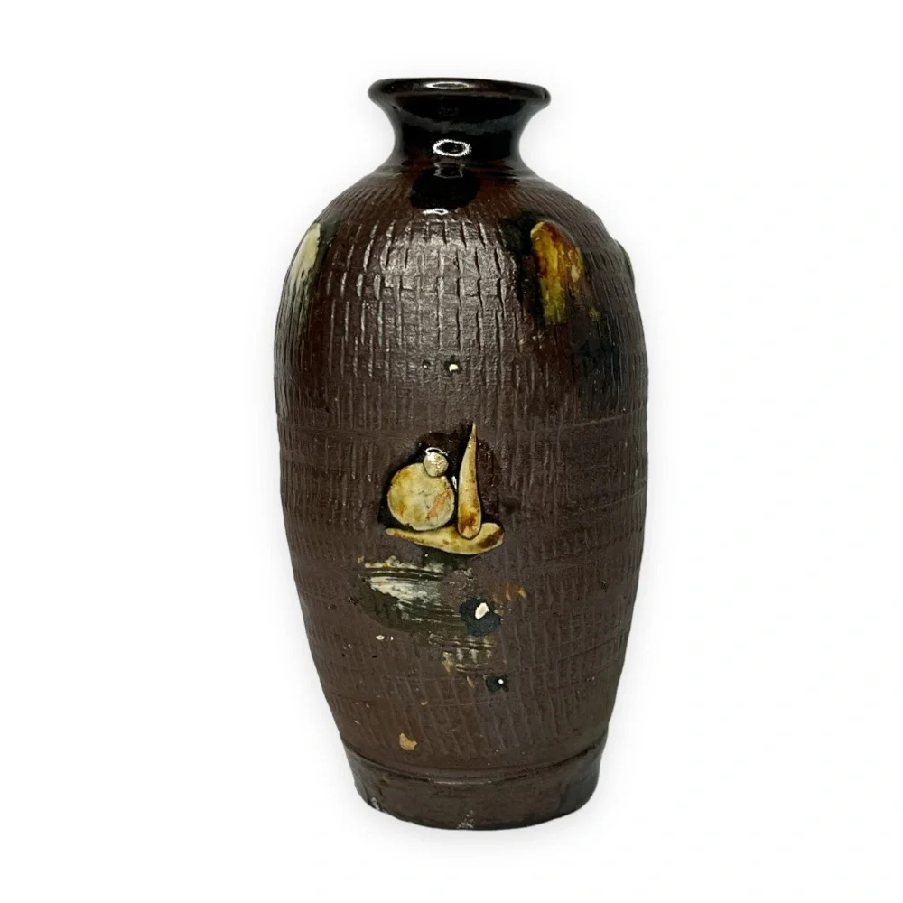 Asian Japanese Ceramic Art Pottery Vase Hut House Tree Decoration Brown Tan Pair